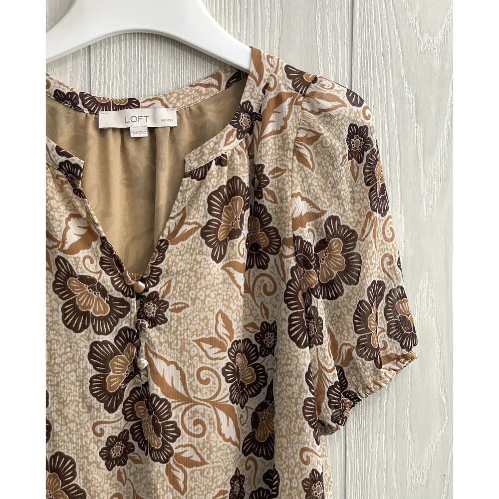 Loft Petites Floral Brown Puff Sleeve Top XSP - Picture 3 of 5